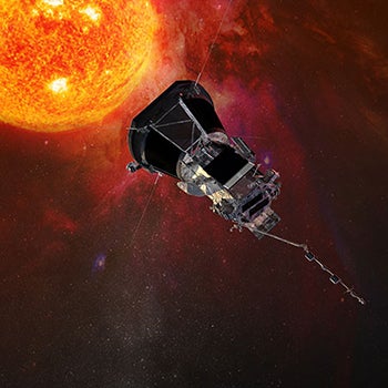 Artist’s concept of the Parker Solar Probe spacecraft approaching the sun. At closest approach, Parker Solar Probe will be hurtling around the sun at approximately 430,000 miles per hour! That's fast enough to get from Philadelphia to Washington, D.C., in one second. Closest approach will be 3.83 million miles. Credit: Johns Hopkins University Applied Physics Laboratory.