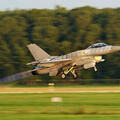 Jet takes off runway among green field