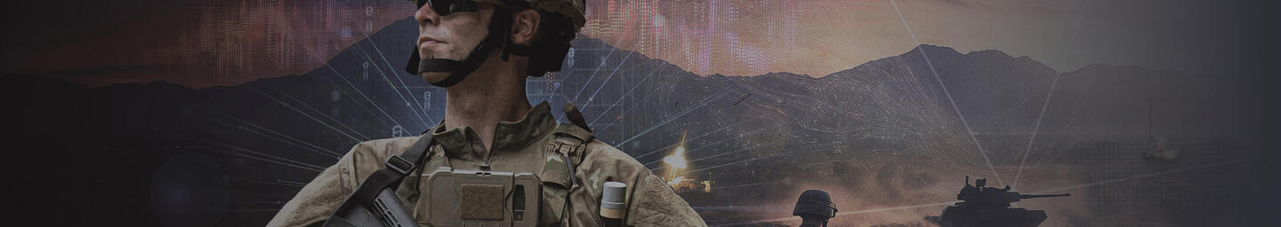 Army soldier on battlefield with network connecting assets