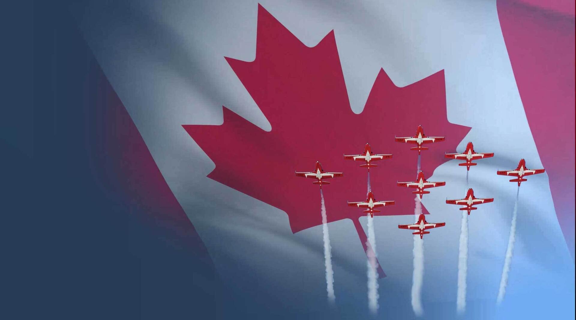 Canadian flag with airplanes flying across it