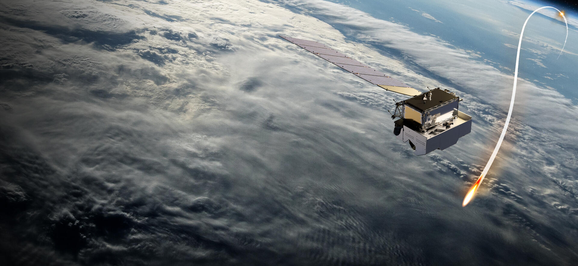 Satellite hovers above atmosphere with missile passing by