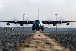 Front view of an aircraft taking off