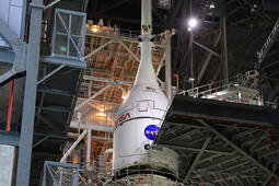 The Orion spacecraft for NASA’s Artemis II mission is stacked on the Space Launch System (SLS) rocket in High Bay 3 of the Vehicle Assembly Building at Kennedy Space Center in Florida.