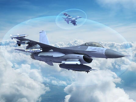 L3Harris render of Viper Shield, a virtual electronic shield, around the soaring F-16 aircraft, thumbnail image