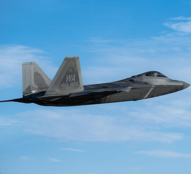 A U.S. Air Force F-22 Raptor takes off for a training mission at Nellis Air Force Base, Nevada, Aug. 21, 2025.